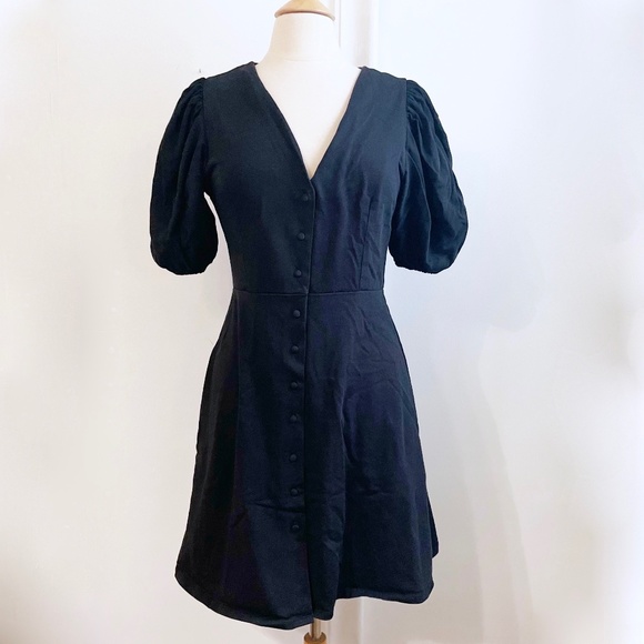 SOLD.   H&M Puff Sleeve Button-up Fit & Flare Black Dress Size M EUC - Picture 1 of 9